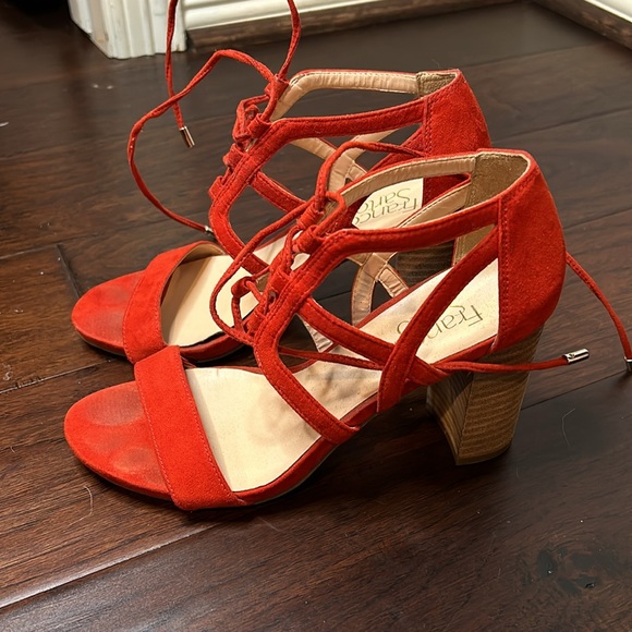 Red Tie-up Block Open Toe Heels - Picture 2 of 8